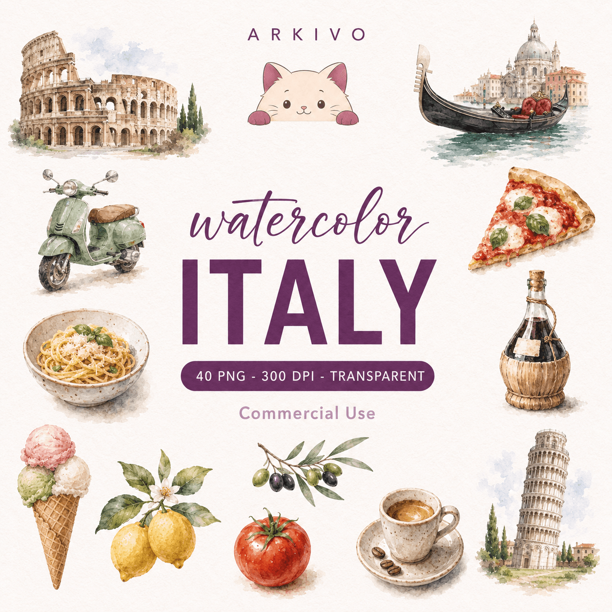 Italy Watercolor Clipart Bundle