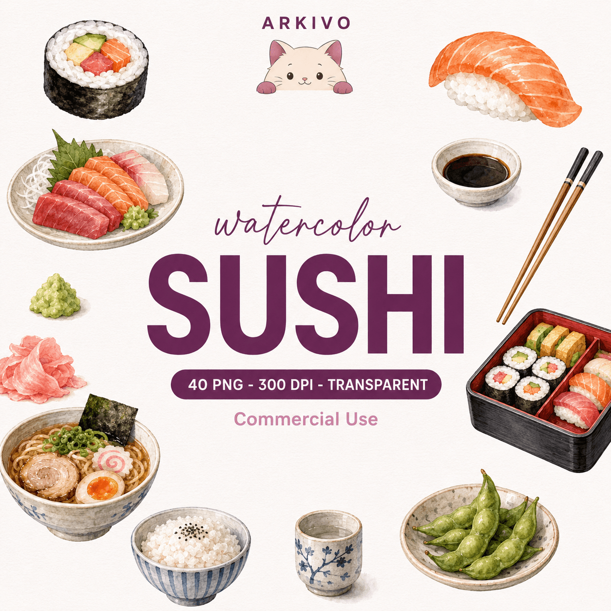 Sushi Watercolor Clipart Bundle